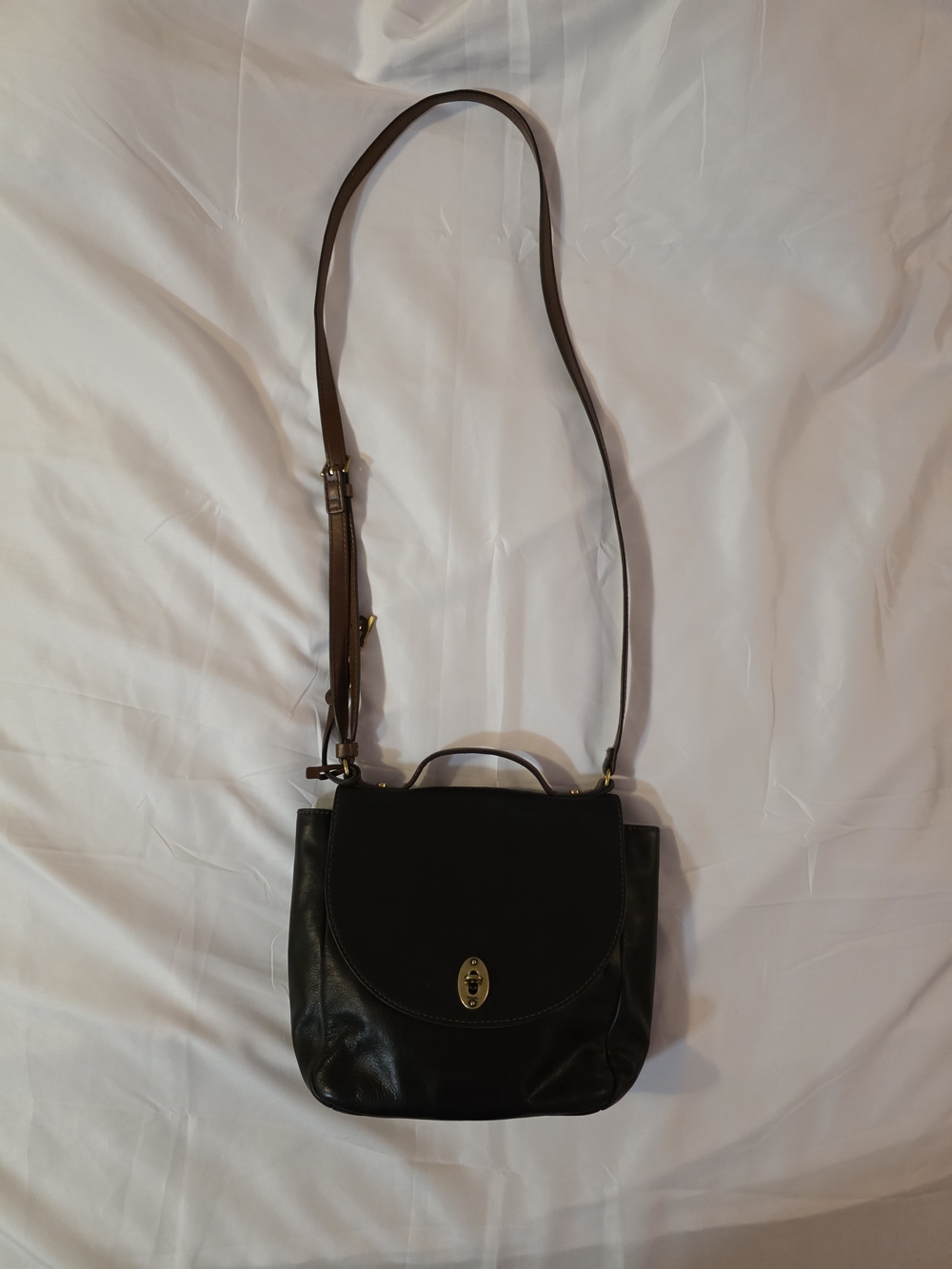 Fossil Black Leather Crossbody with Brown Strap
